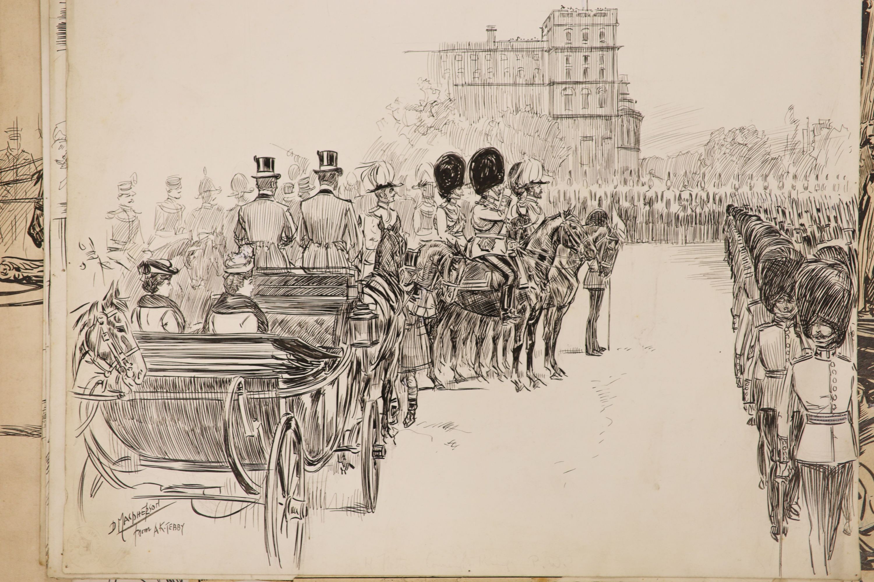 J.M. Macpherson, a folio of assorted original pen and ink illustrations for the Illustrated London News, many of Royalty on Foreign Tours 59x45cm